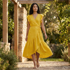 Yellow Cotton Poplin Ruffle Midi Wrap Dress
