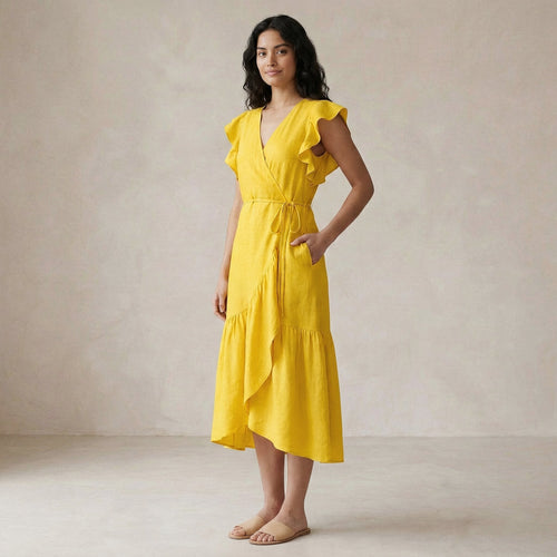 Yellow Cotton Poplin Ruffle Midi Wrap Dress