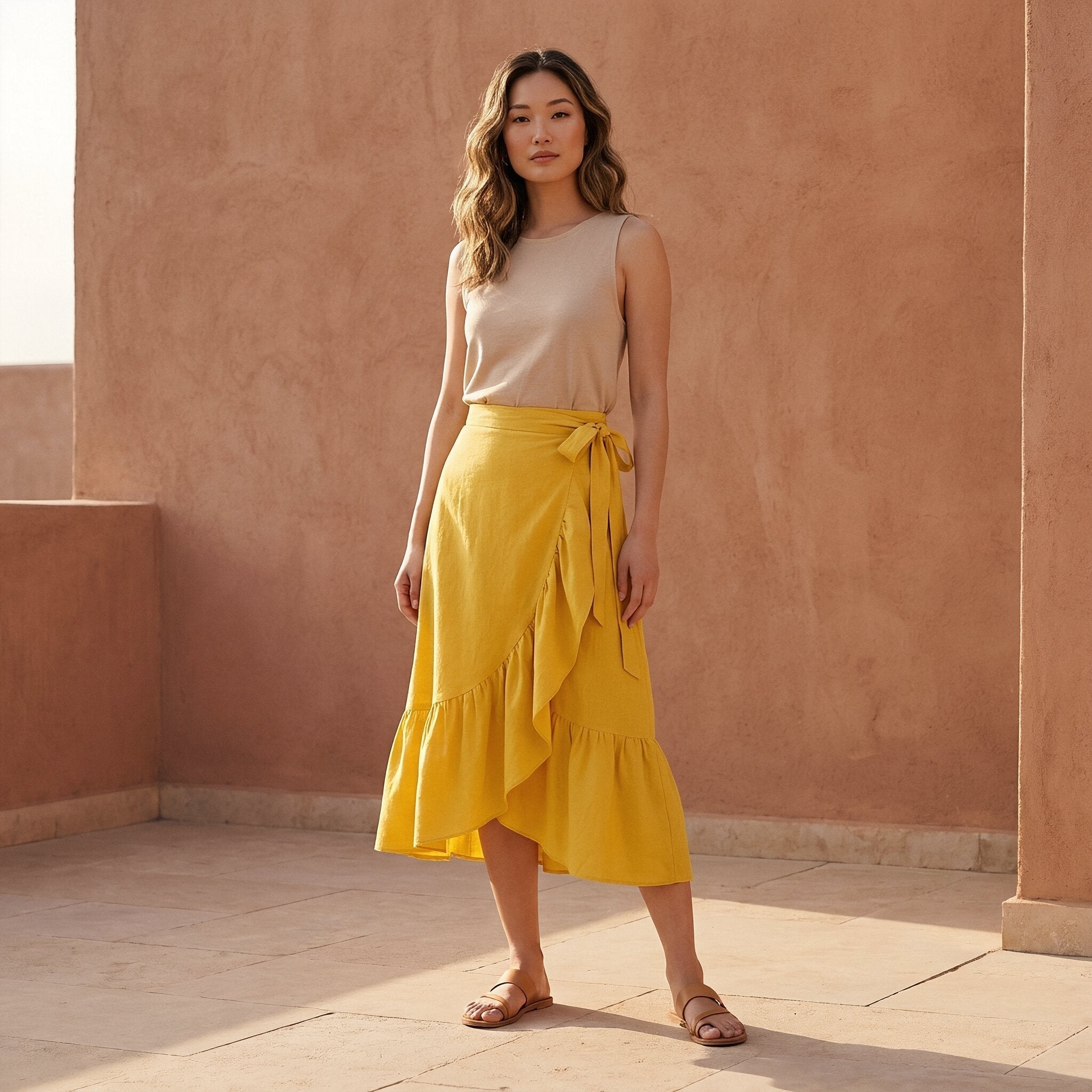 Yellow Cotton Poplin Ruffle Midi Wrap Skirt