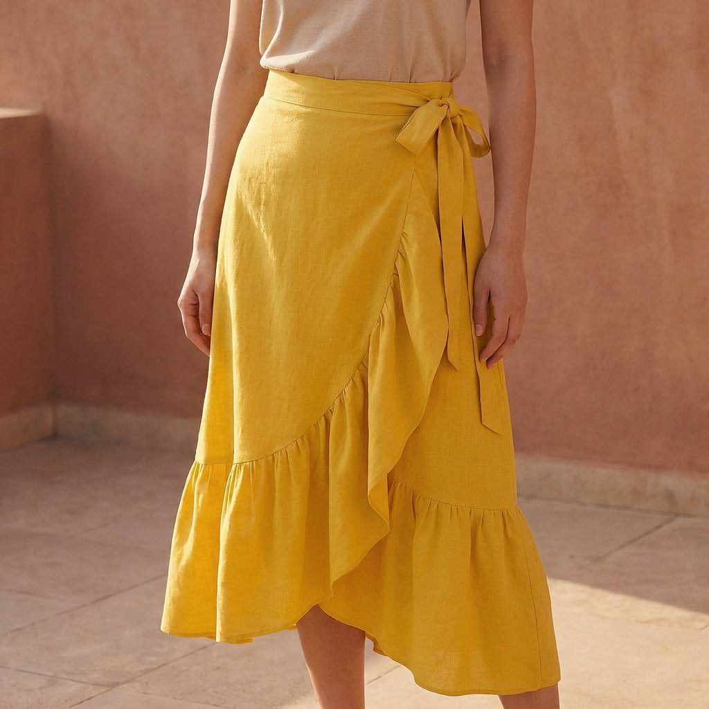 Yellow Cotton Poplin Ruffle Midi Wrap Skirt