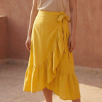 Yellow Cotton Poplin Ruffle Midi Wrap Skirt