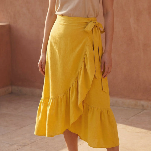 Yellow Cotton Poplin Ruffle Midi Wrap Skirt