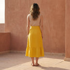 Yellow Cotton Poplin Ruffle Midi Wrap Skirt