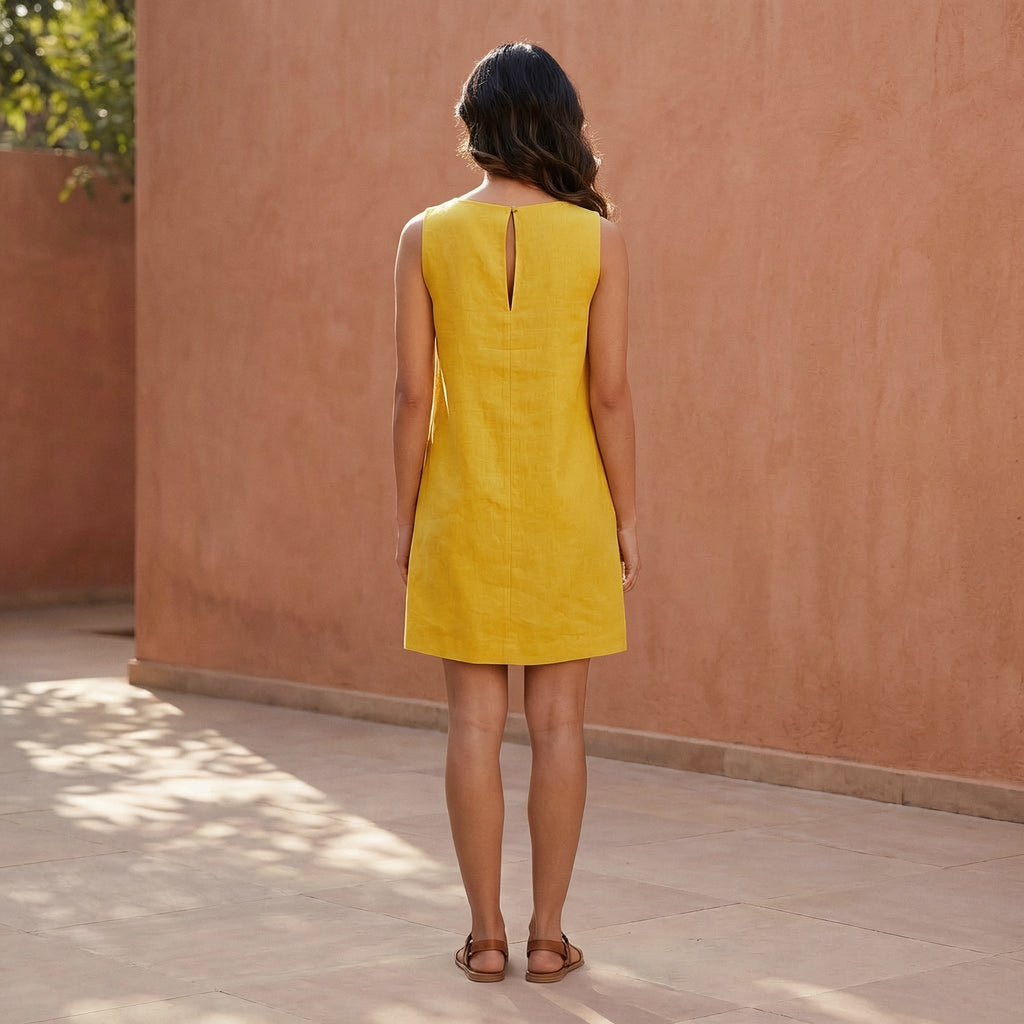 Yellow Cotton Poplin Sleeveless A-Line Short Shift Dress