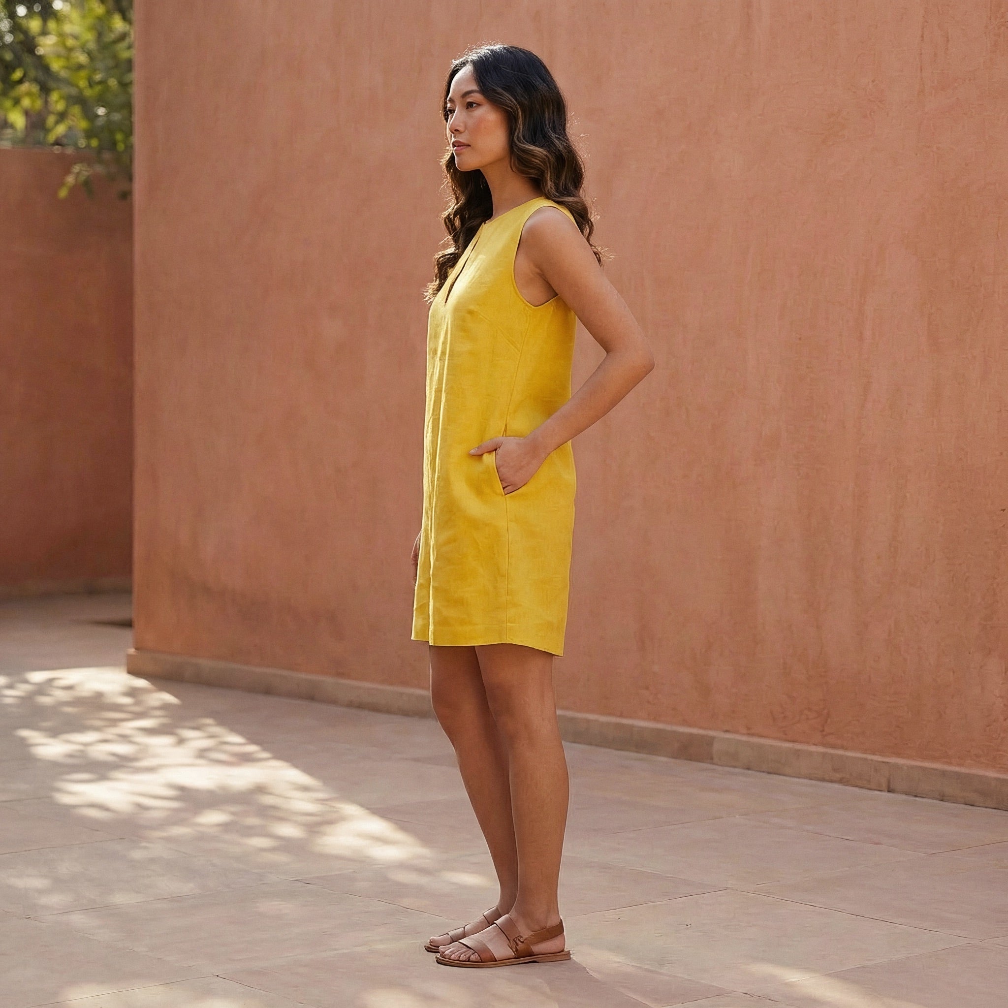 Yellow Cotton Poplin Sleeveless A-Line Short Shift Dress
