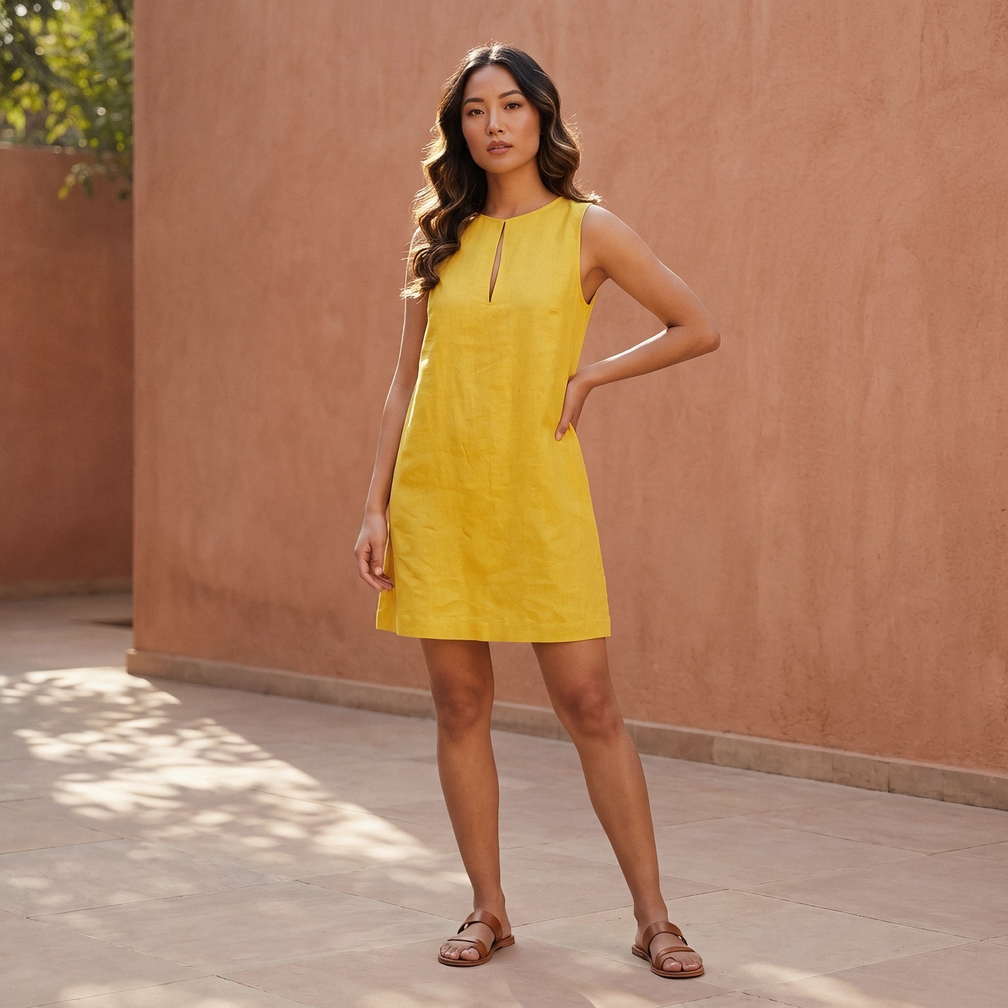 Yellow Cotton Poplin Sleeveless A-Line Short Shift Dress
