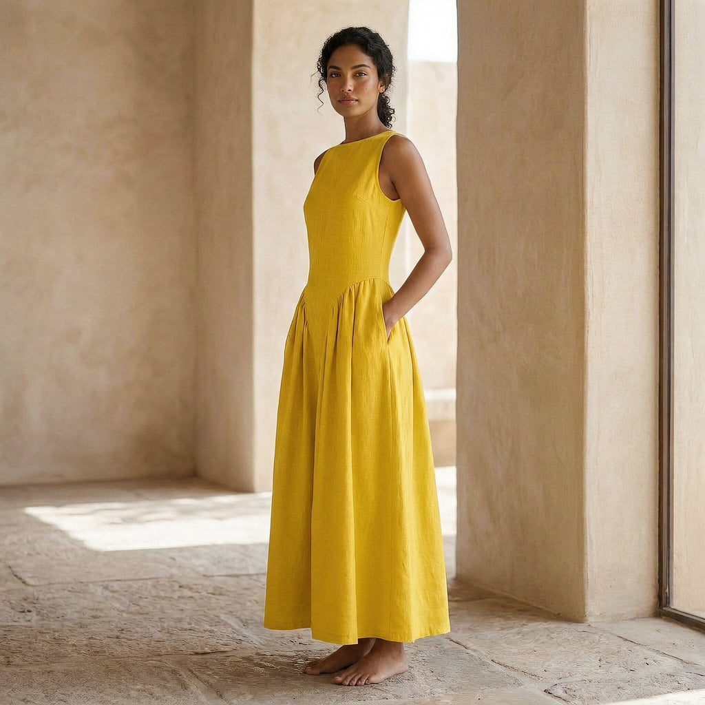 Yellow Cotton Poplin Sleeveless Paneled Maxi Dress