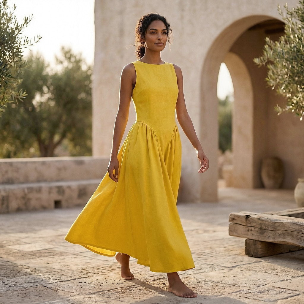 Yellow Cotton Poplin Sleeveless Paneled Maxi Dress