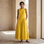 Yellow Cotton Poplin Sleeveless Paneled Maxi Dress