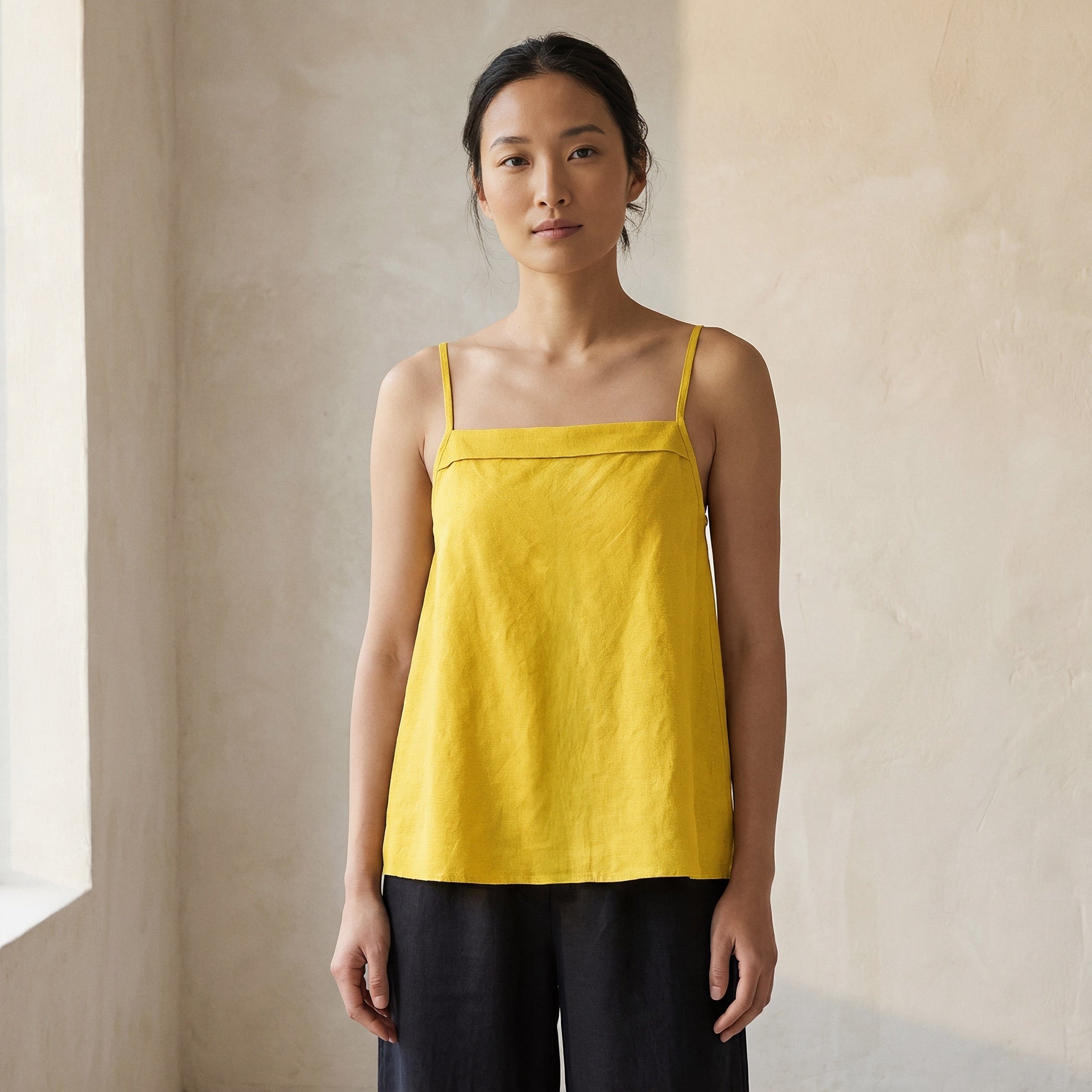 Yellow Cotton Poplin Spaghetti Strap Top with Elastic Gathered Back