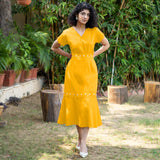 Yellow Cotton Poplin V-Neck Infinity Midi Dress