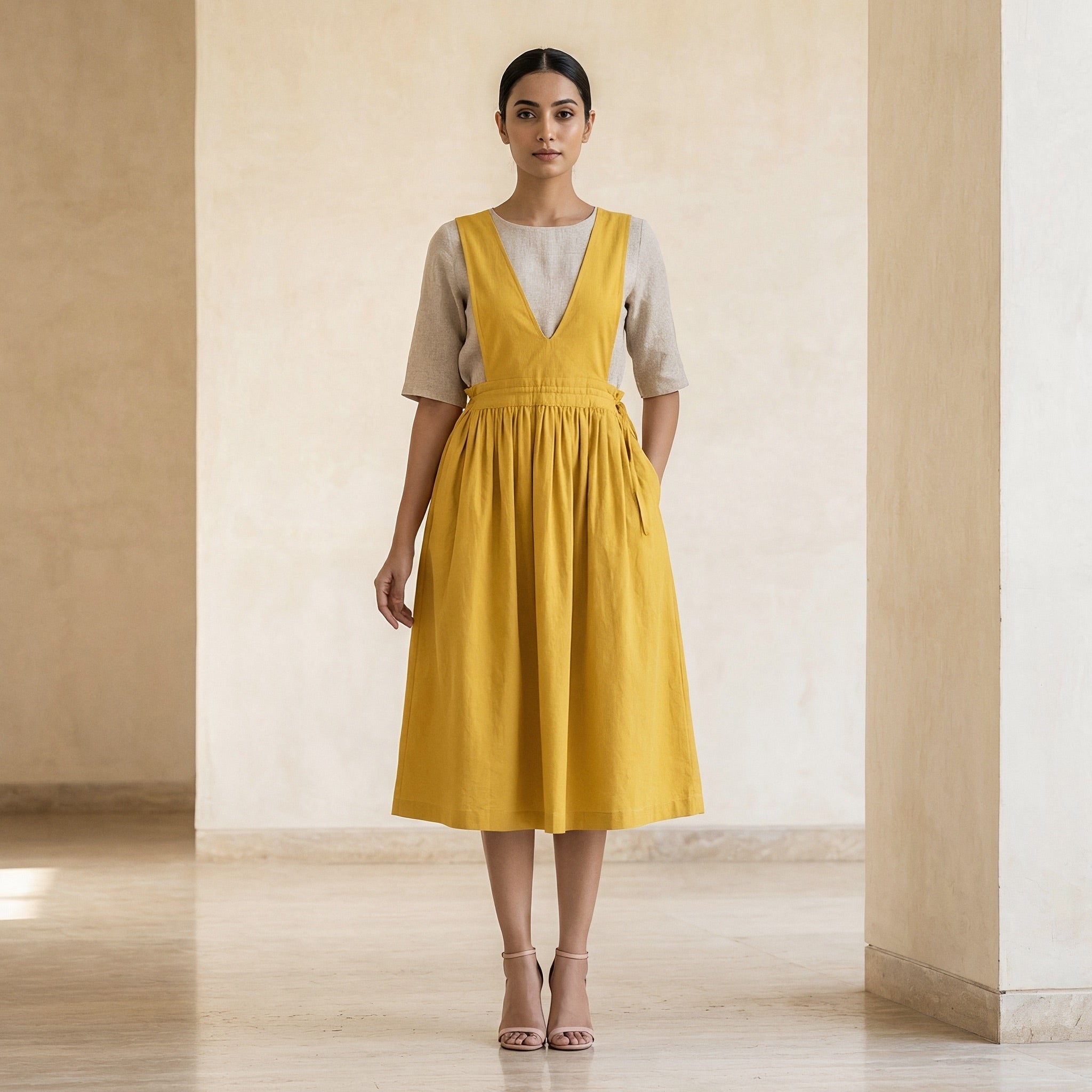 Yellow Cotton Poplin V-Neck Pinafore Midi Wrap Dress