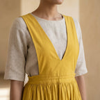 Yellow Cotton Poplin V-Neck Pinafore Midi Wrap Dress