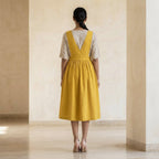 Yellow Cotton Poplin V-Neck Pinafore Midi Wrap Dress