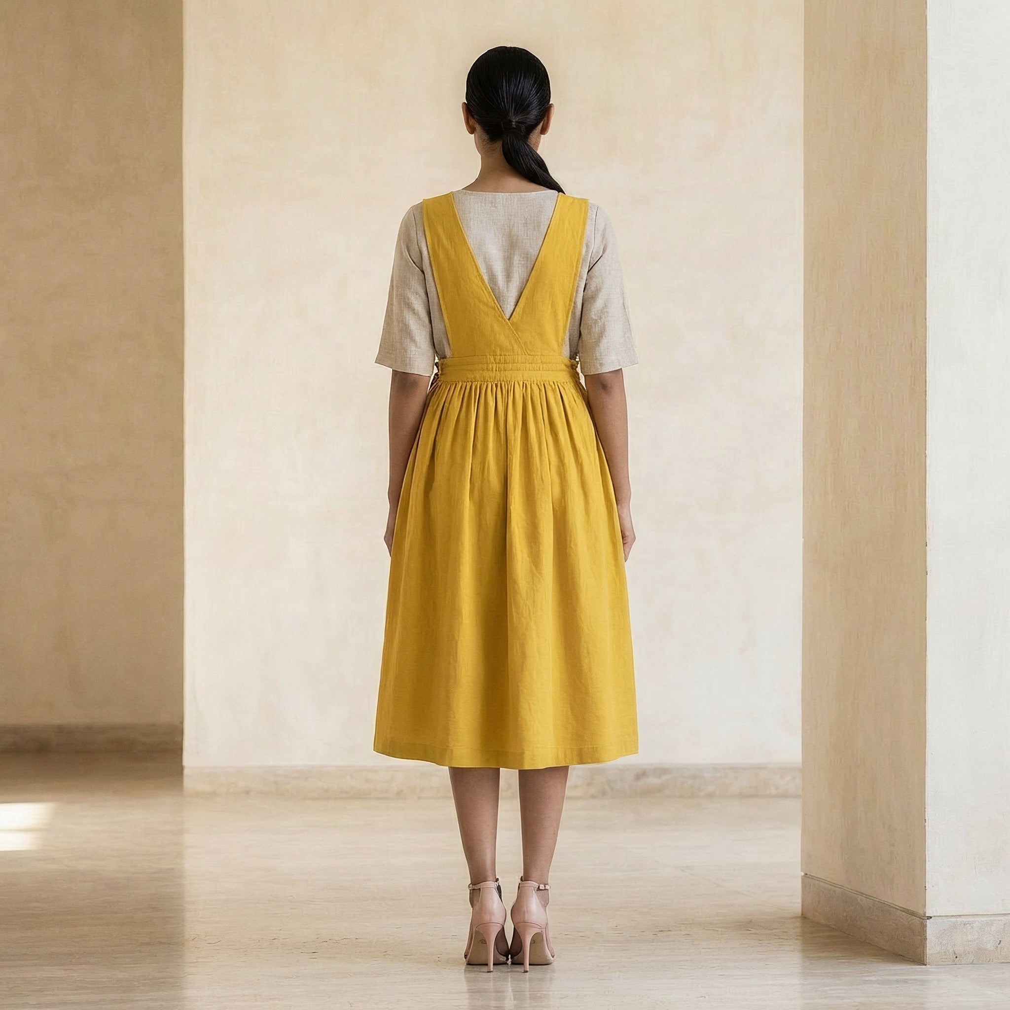 Yellow Cotton Poplin V-Neck Pinafore Midi Wrap Dress