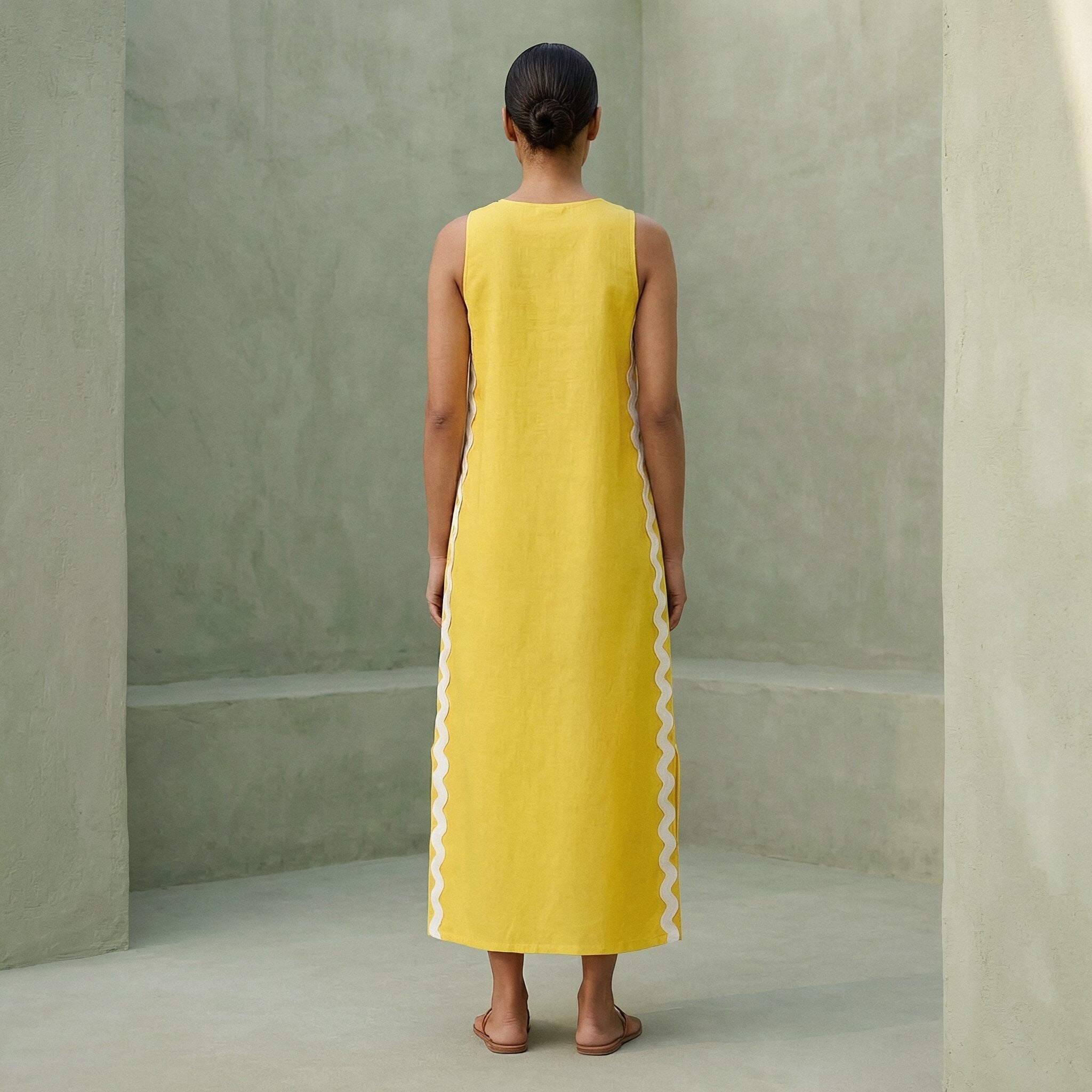 Yellow Cotton Poplin Wavy Stripe Maxi Shift Dress