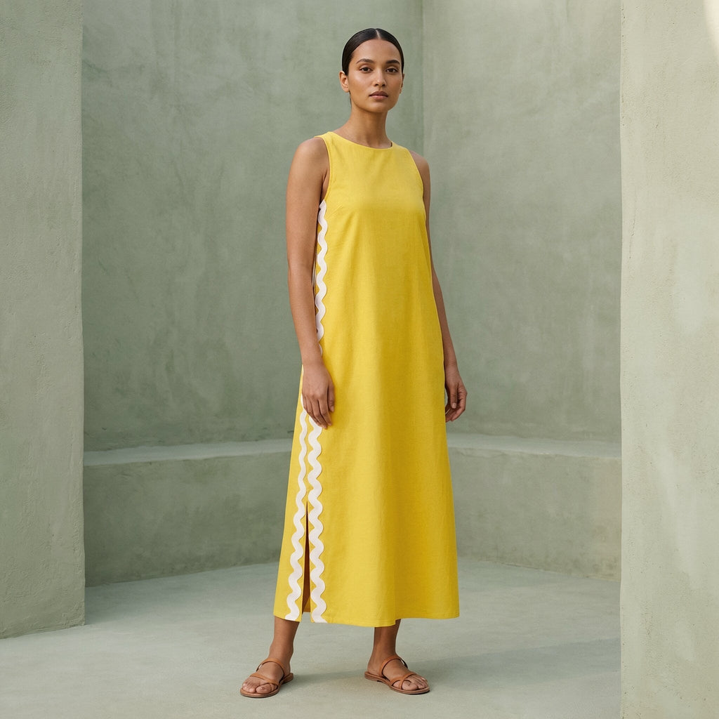 Yellow Cotton Poplin Wavy Stripe Maxi Shift Dress