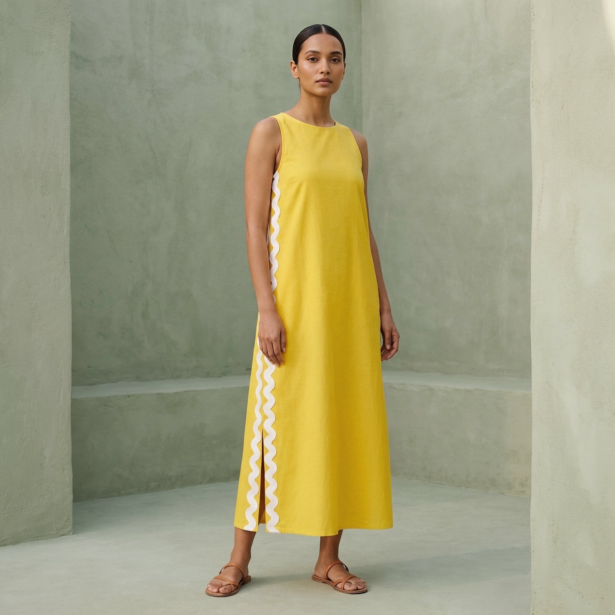 Yellow Cotton Poplin Wavy Stripe Maxi Shift Dress