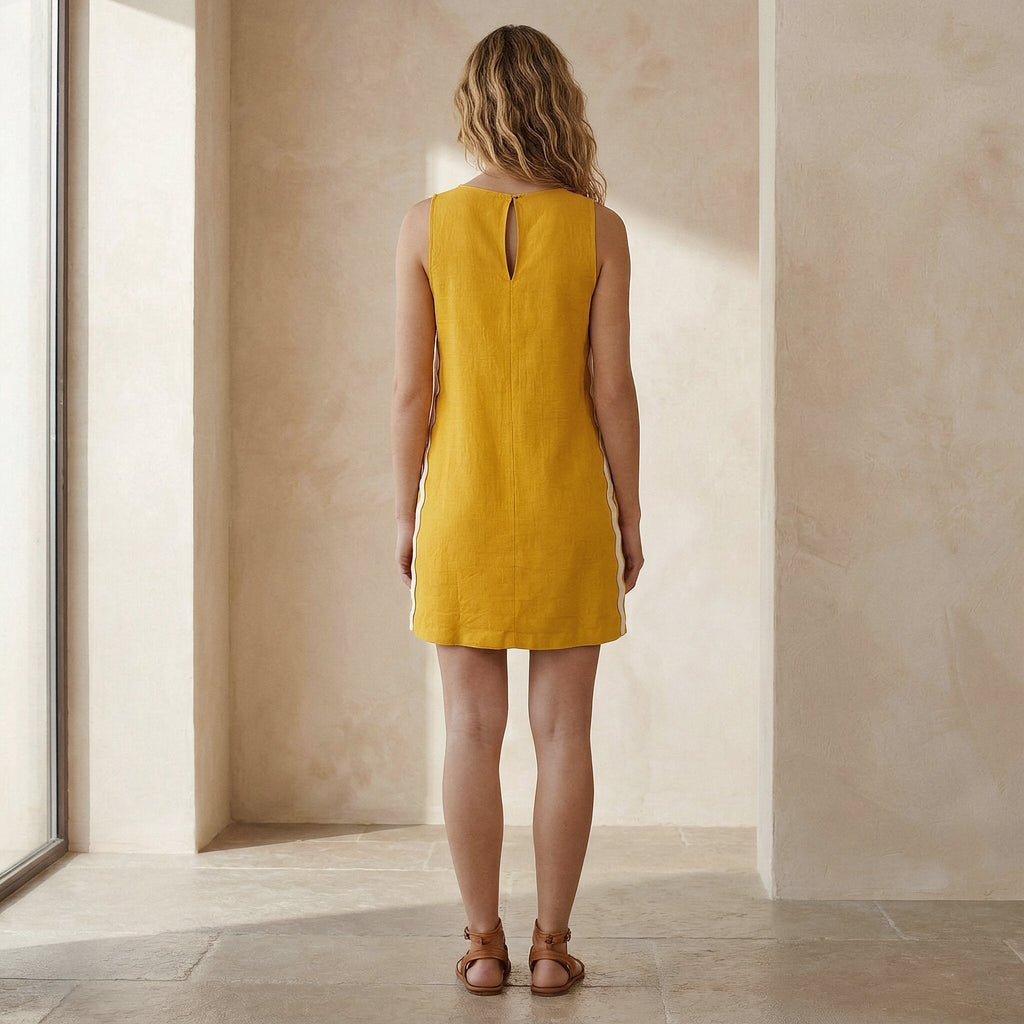 Yellow Cotton Poplin Wavy Stripe Short Shift Dress