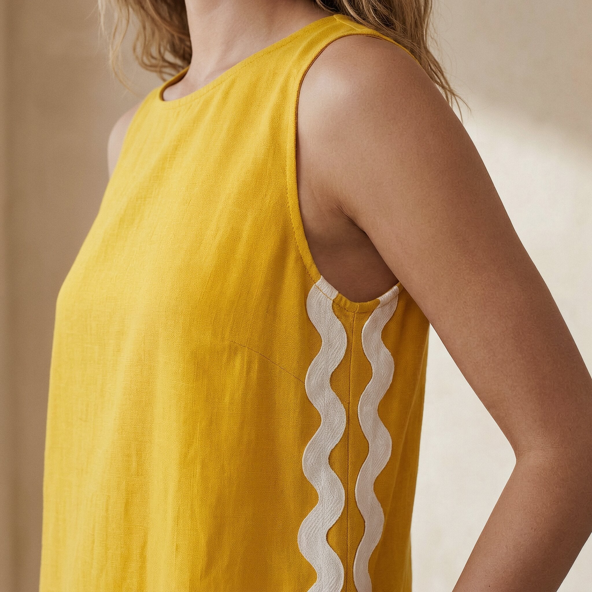 Yellow Cotton Poplin Wavy Stripe Short Shift Dress