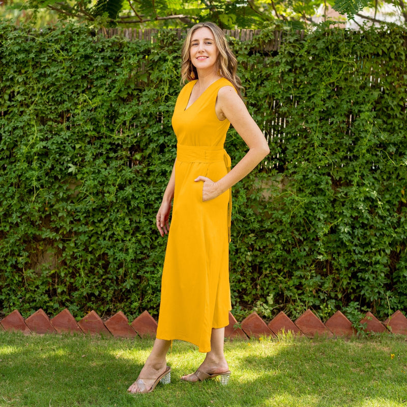 Yellow Cotton V-Neck Sleeveless Maxi Dress