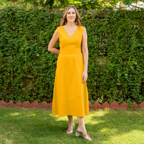 Yellow Cotton V-Neck Sleeveless Maxi Dress