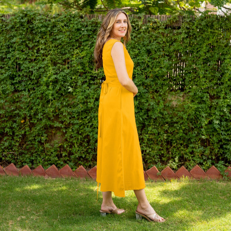 Yellow Cotton V-Neck Sleeveless Maxi Dress