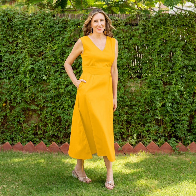 Yellow Cotton V-Neck Sleeveless Maxi Dress