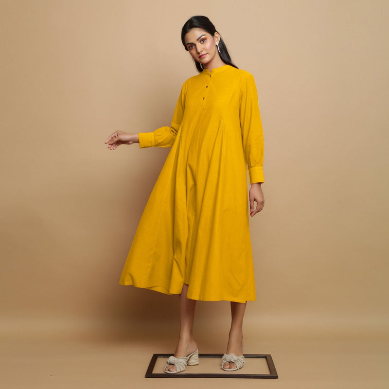 Yellow Hand-Embroidered Cotton Poplin Paneled Midi Dress