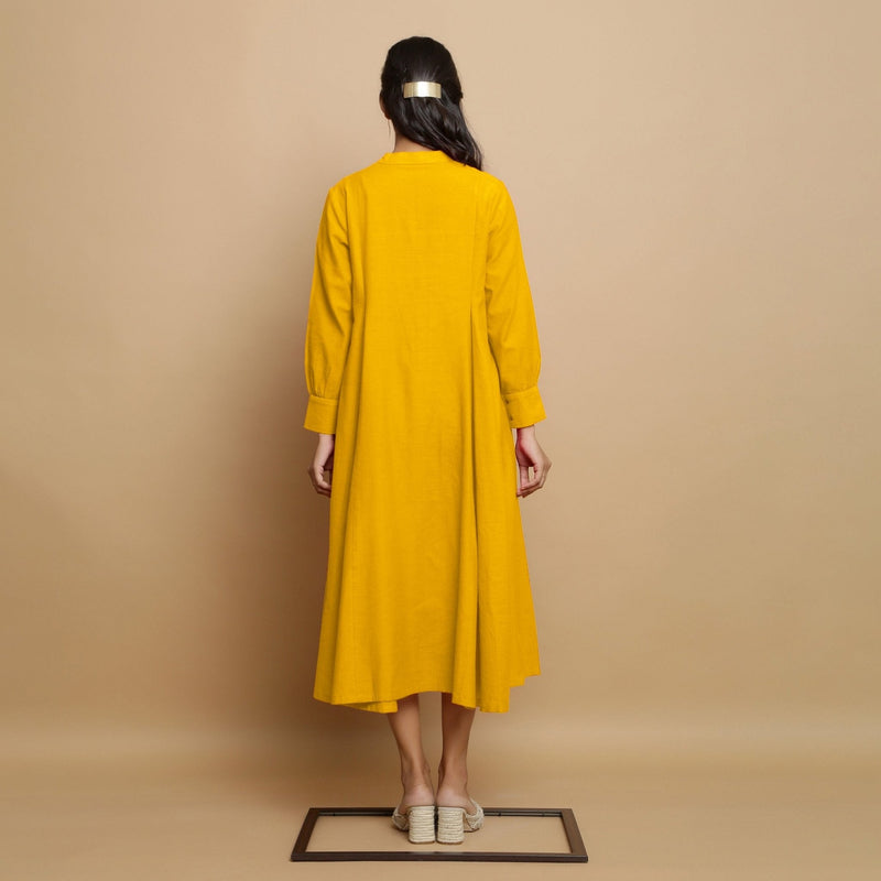 Yellow Hand-Embroidered Cotton Poplin Paneled Midi Dress