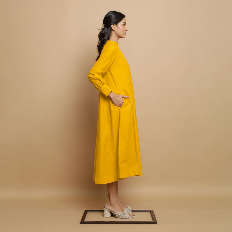 Yellow Hand-Embroidered Cotton Poplin Paneled Midi Dress