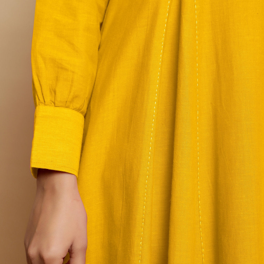 Yellow Hand-Embroidered Cotton Poplin Paneled Midi Dress