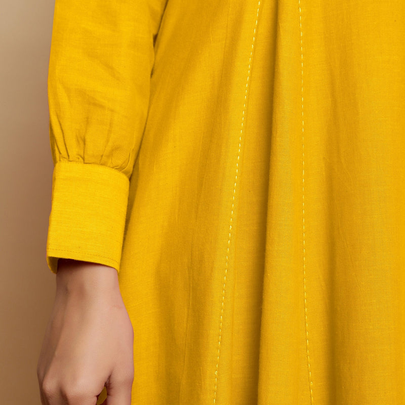 Yellow Hand-Embroidered Cotton Poplin Paneled Midi Dress