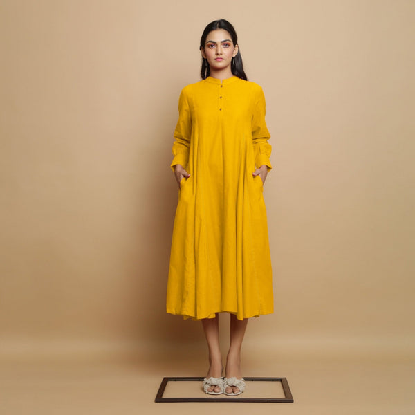 Yellow Hand-Embroidered Cotton Poplin Paneled Midi Dress