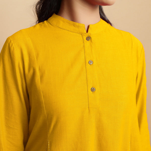 Yellow Hand-Embroidered Cotton Poplin Paneled Midi Dress