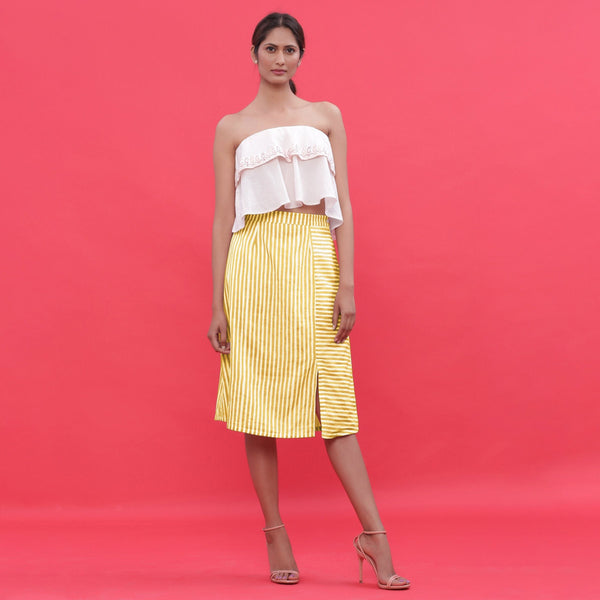 Front View of a Model wearing Yellow Hand Screen Printed A-Line Skirt