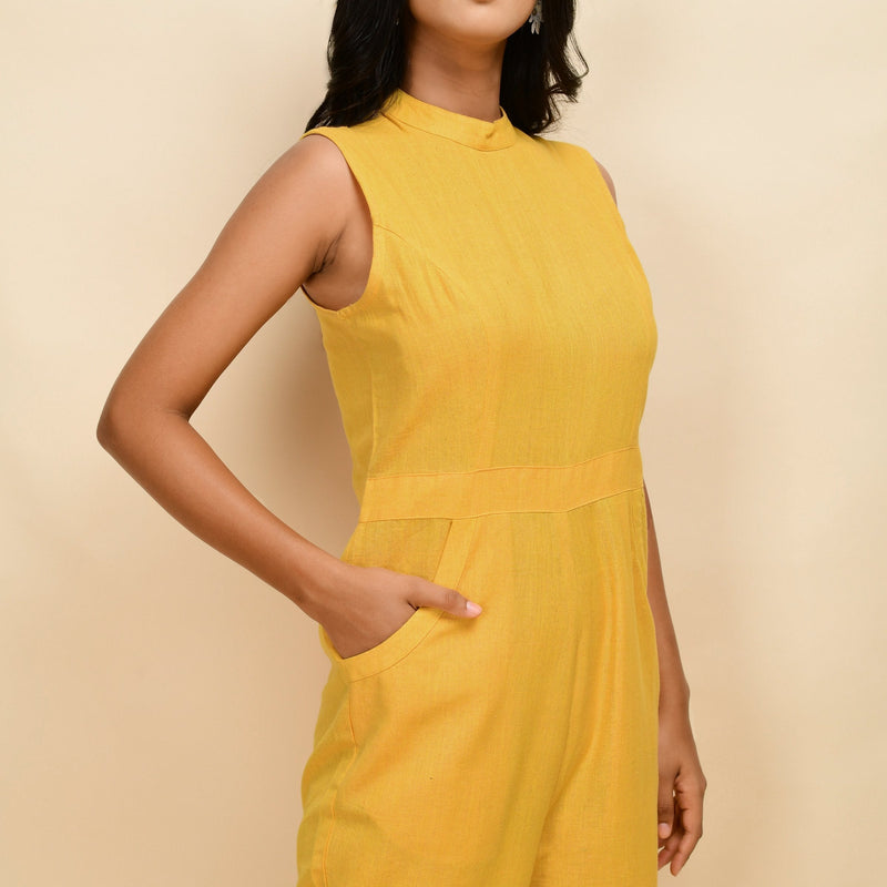 Front Detail of a Model wearing Yellow Handspun Cotton Princess Line Sleeveless Jumpsuit