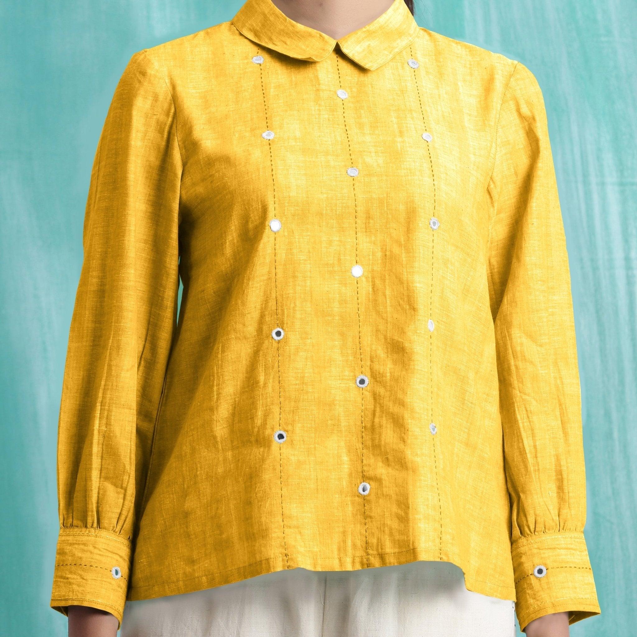 Yellow Mirror Work Cotton Flax Blouse Top