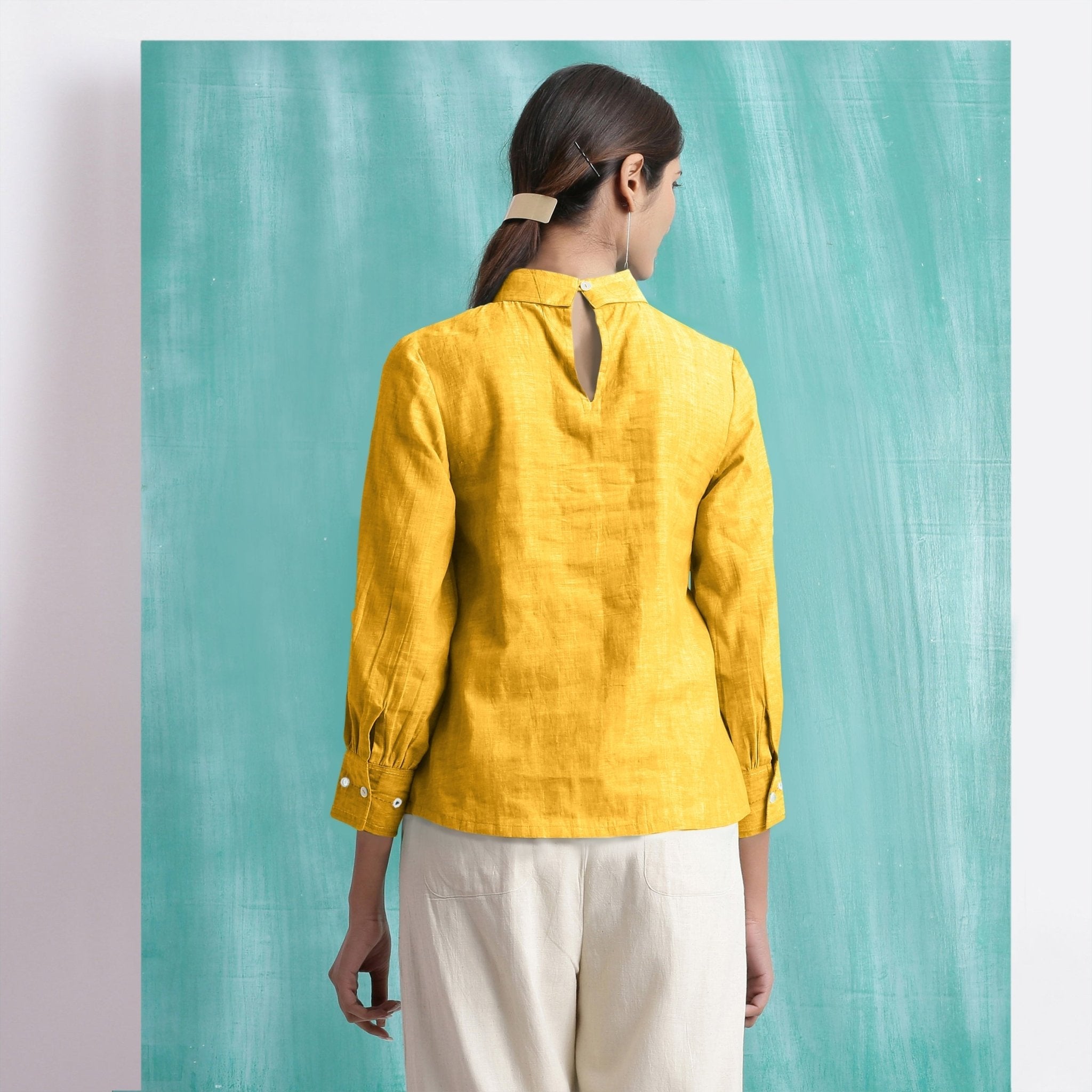 Yellow Mirror Work Cotton Flax Blouse Top