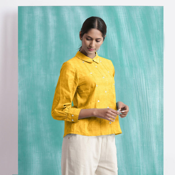 Yellow Mirror Work Cotton Flax Blouse Top