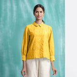 Yellow Mirror Work Cotton Flax Blouse Top