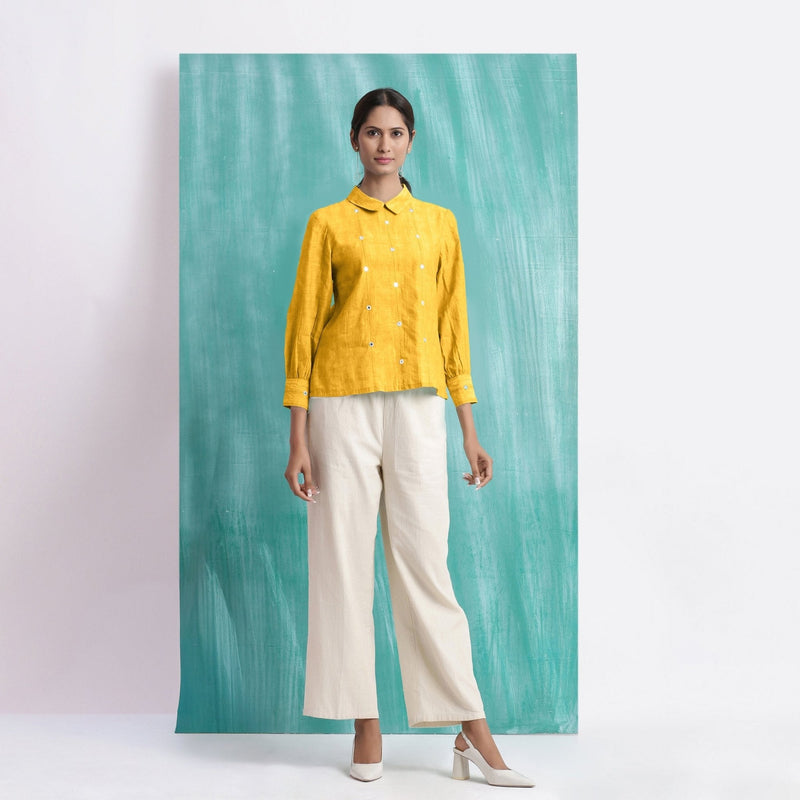 Yellow Mirror Work Cotton Flax Blouse Top