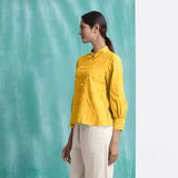 Yellow Mirror Work Cotton Flax Blouse Top