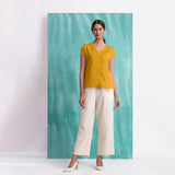 Yellow Mirror Work Cotton Flax Drop Shoulder Top