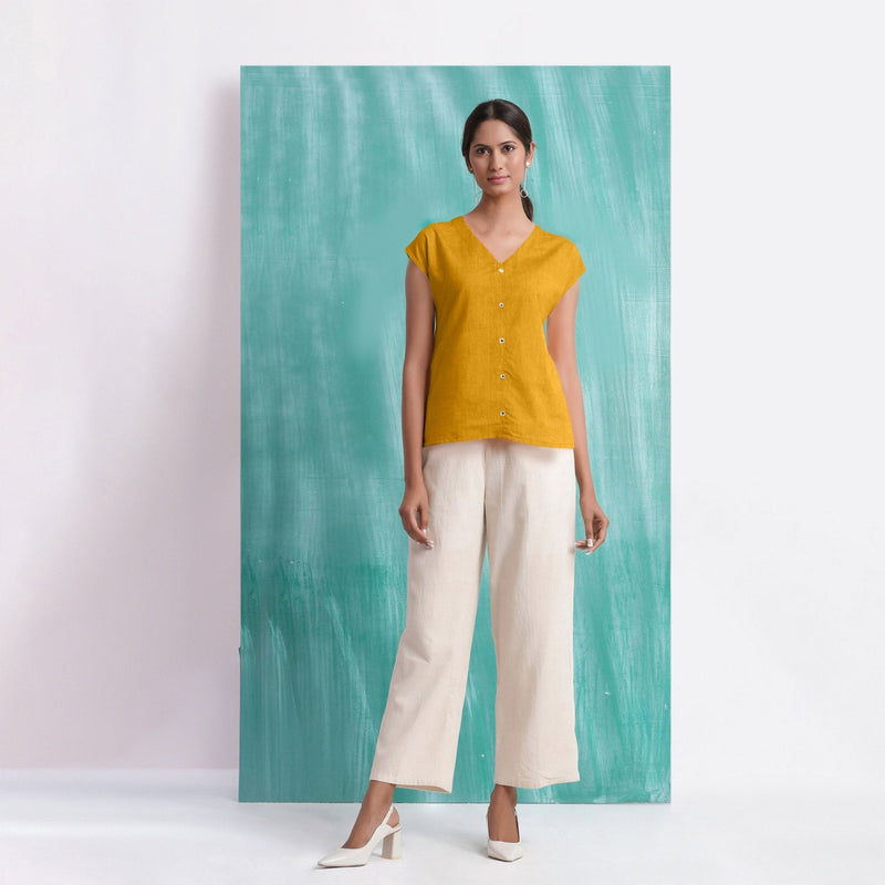 Yellow Mirror Work Cotton Flax Drop Shoulder Top
