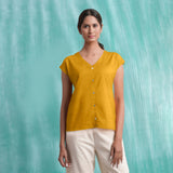 Yellow Mirror Work Cotton Flax Drop Shoulder Top
