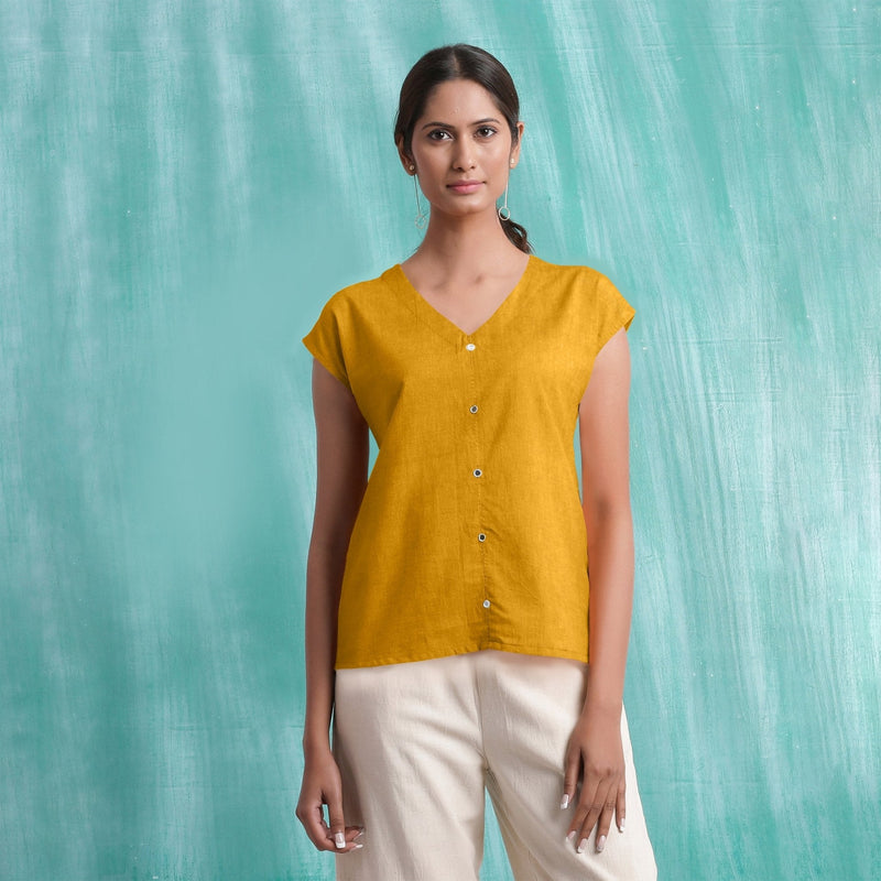 Yellow Mirror Work Cotton Flax Drop Shoulder Top