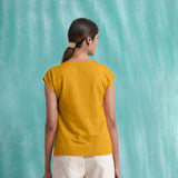 Yellow Mirror Work Cotton Flax Drop Shoulder Top