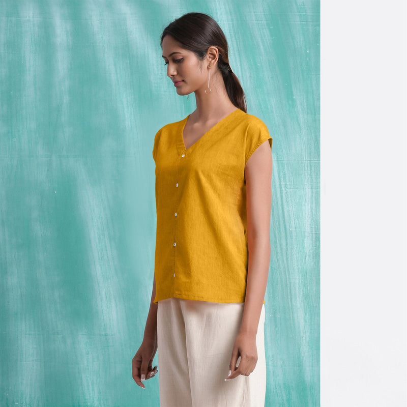 Yellow Mirror Work Cotton Flax Drop Shoulder Top