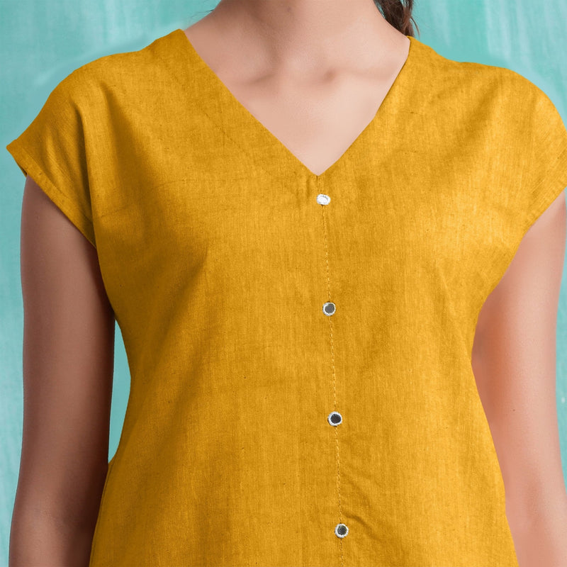 Yellow Mirror Work Cotton Flax Drop Shoulder Top